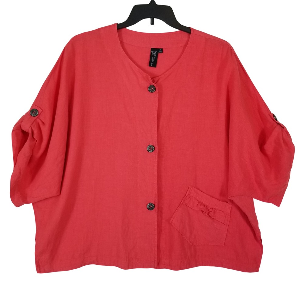 Focus Casual Life Womens XL Linen Button Front Top Coral Red Ruffle Pocket L-624